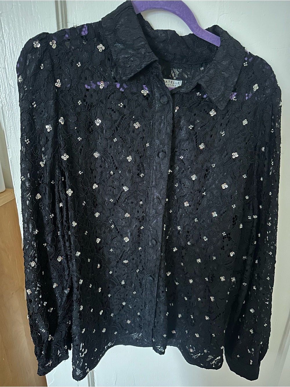bagatelle Black Lace Button-Down Shirt with Silver Sequins